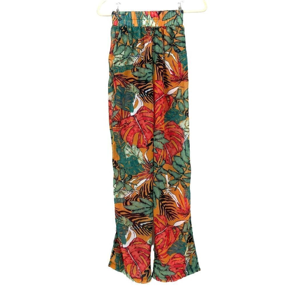 Nwt Prettylittlething Orange Big Leaf Wide Leg Beach Trousers Womens 0